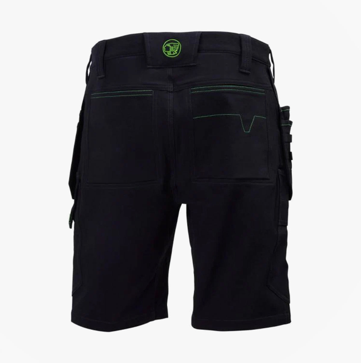 Apache WHISTLER Mens Workwear Shorts Black back view with multi-pocket features and green stitching details.