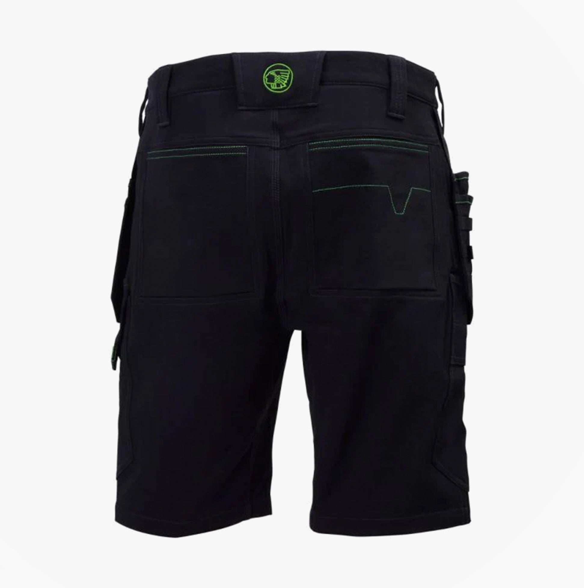 Apache WHISTLER Mens Workwear Shorts Black back view with multi-pocket features and green stitching details.