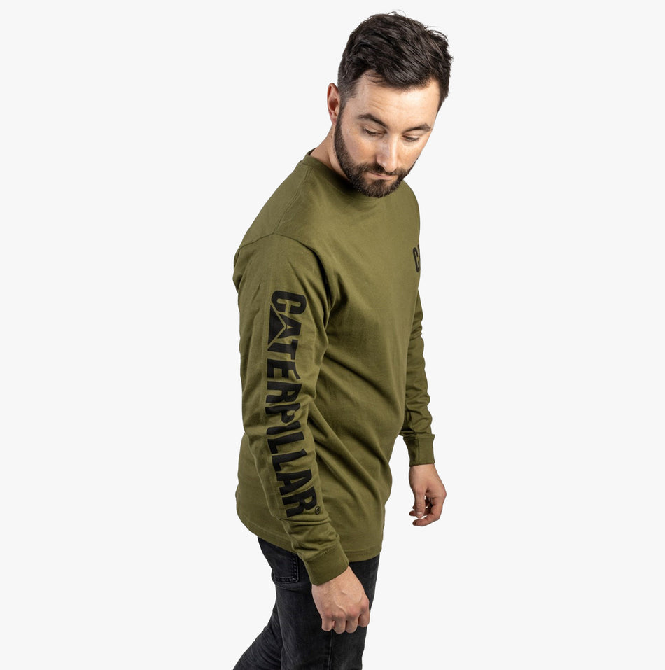CAT TRADEMARK BANNER Mens Cotton Long Sleeve T-Shirt Green
