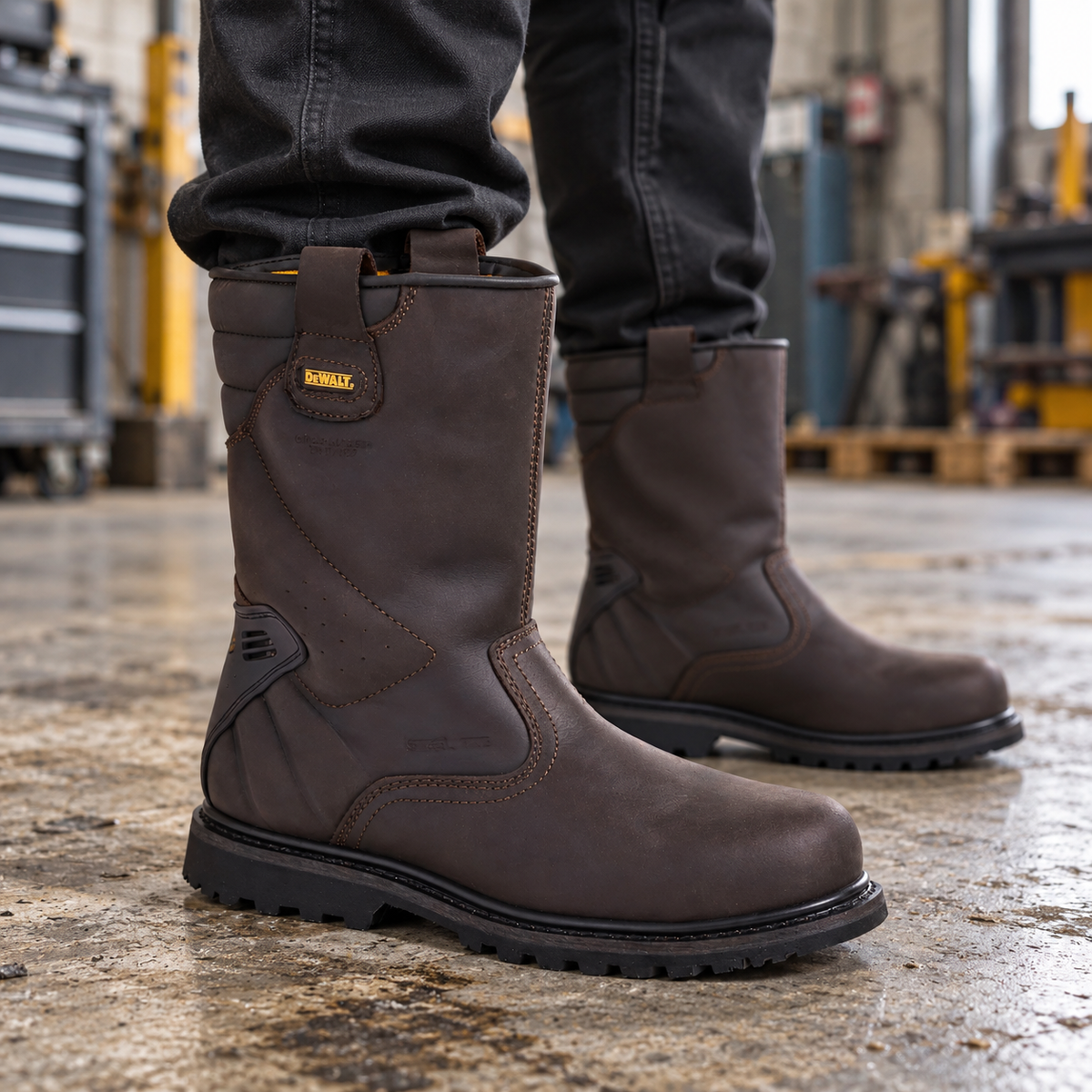 Dewalt RIGGER brown boots worn on a marked concrete floor in an industrial workshop.