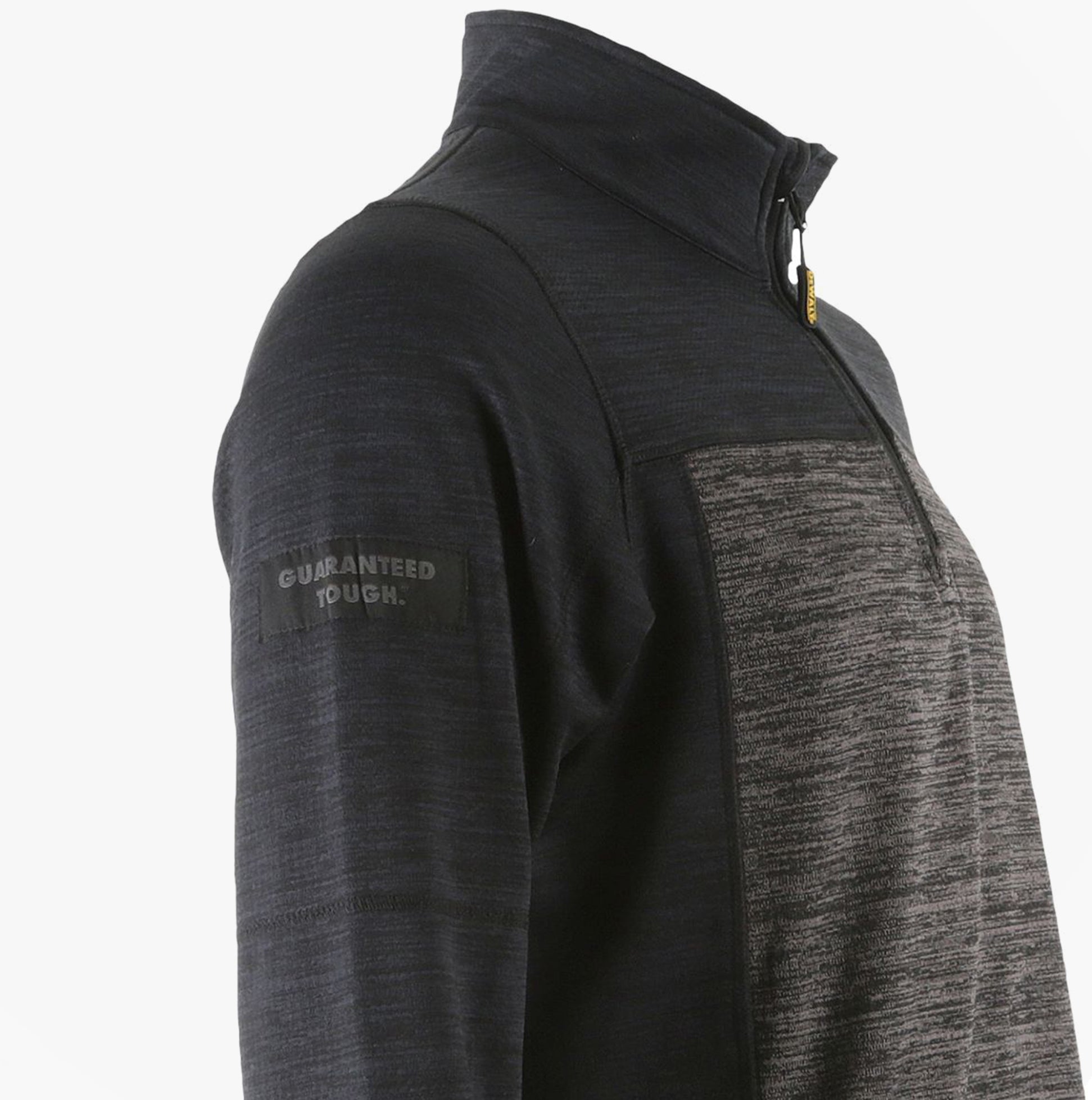Dewalt CHARLOTTE Womens Sweatshirt Grey Black side view showcasing 1/4 zip and guaranteed tough branding.