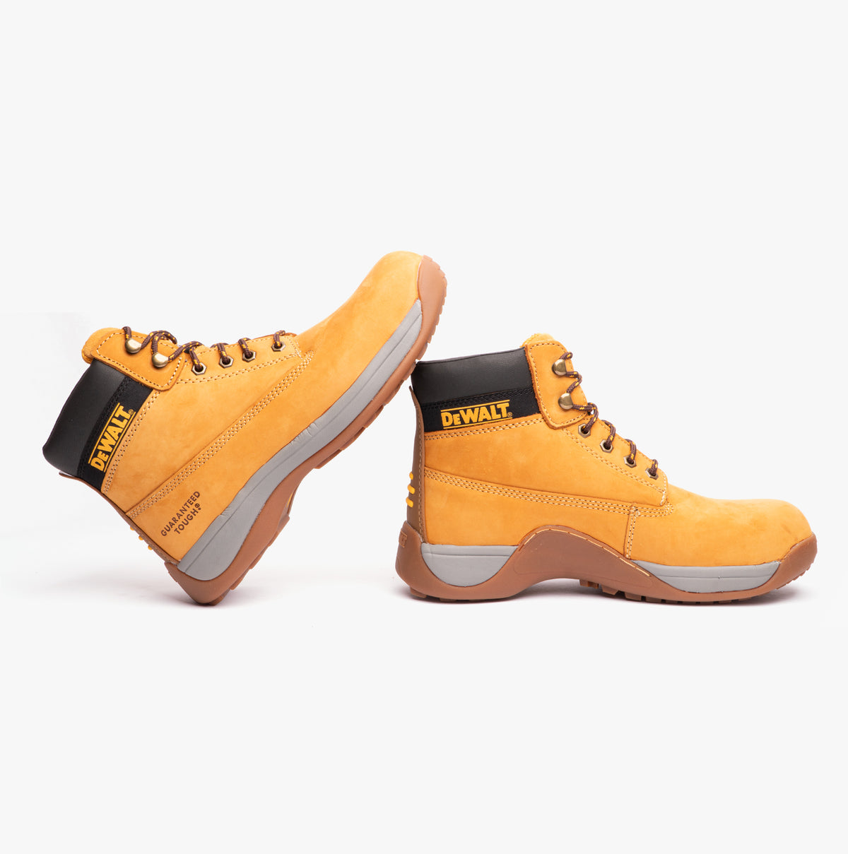 Dewalt APPRENTICE Unisex Boots Honey side view and angled front view showcasing the nubuck upper and rubber sole.