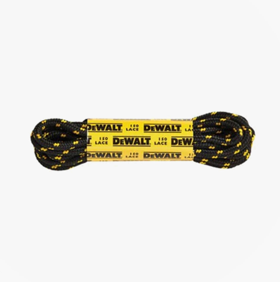Dewalt Mens Laces Black/Yellow top view of black and yellow laces with DEWALT branding, suitable for safety footwear.