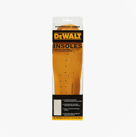Dewalt Insoles Yellow front view in packaging showcasing moisture wicking material and perforated footbed for breathability.
