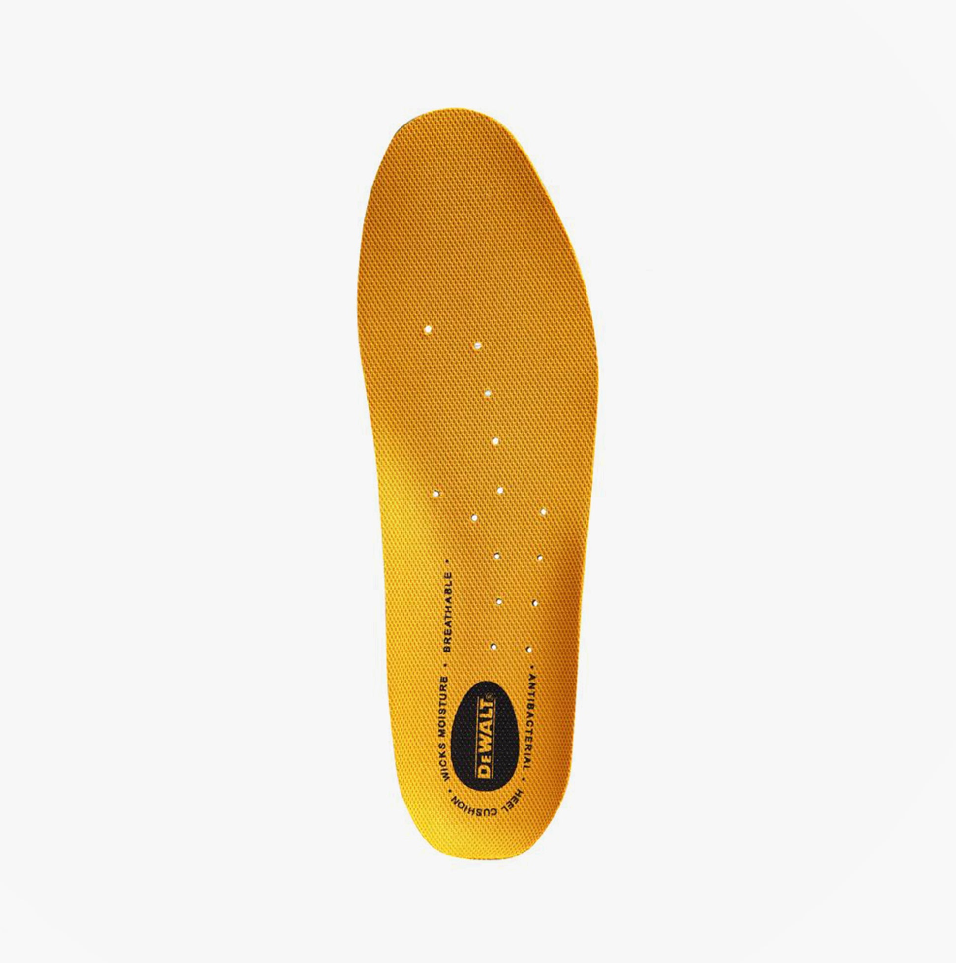 Dewalt Insoles Yellow top view showcasing perforated footbed and antibacterial features.