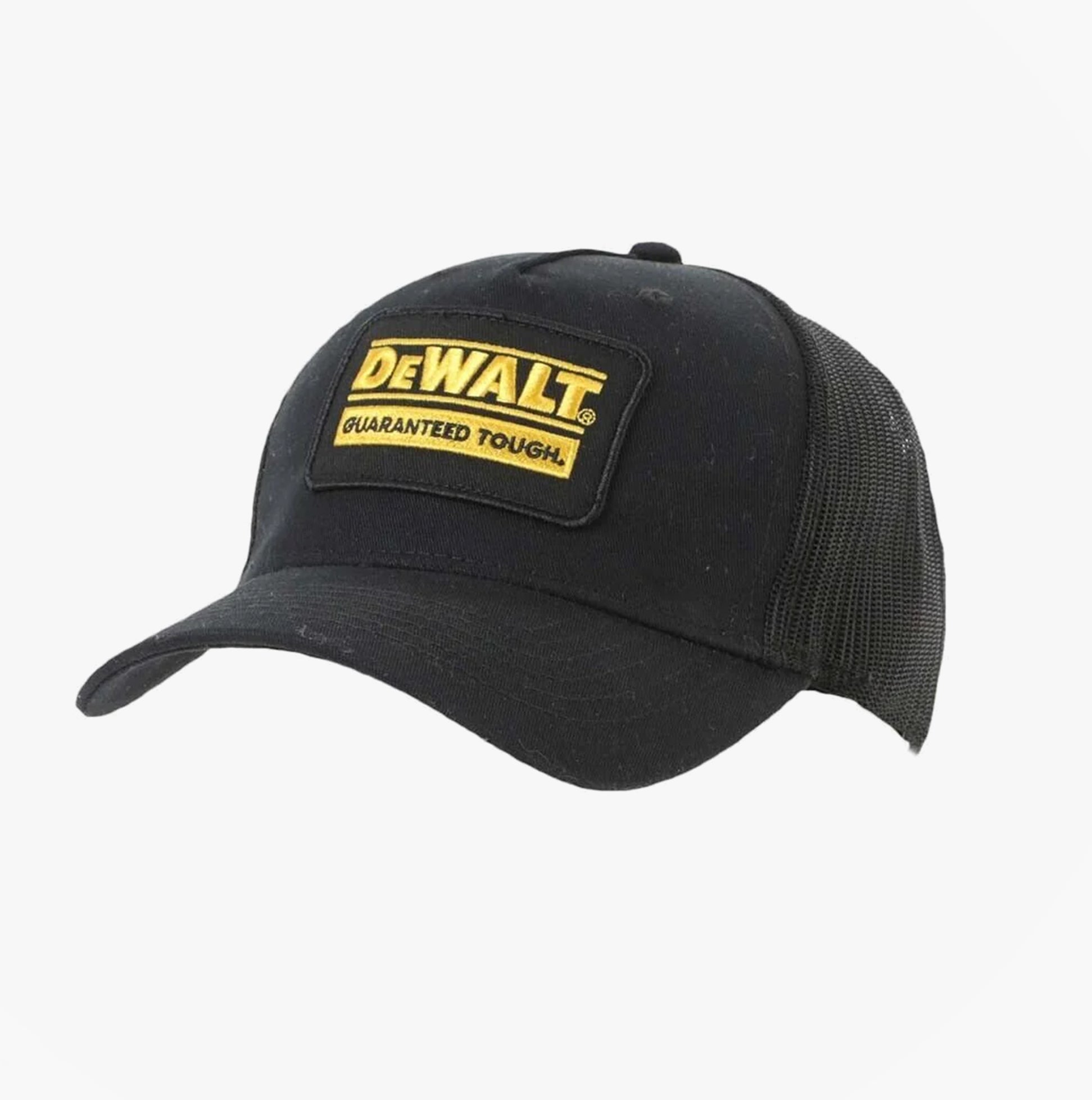 Dewalt OAKDALE Unisex Workwear Baseball Cap Black side view showcasing logo and breathable material.