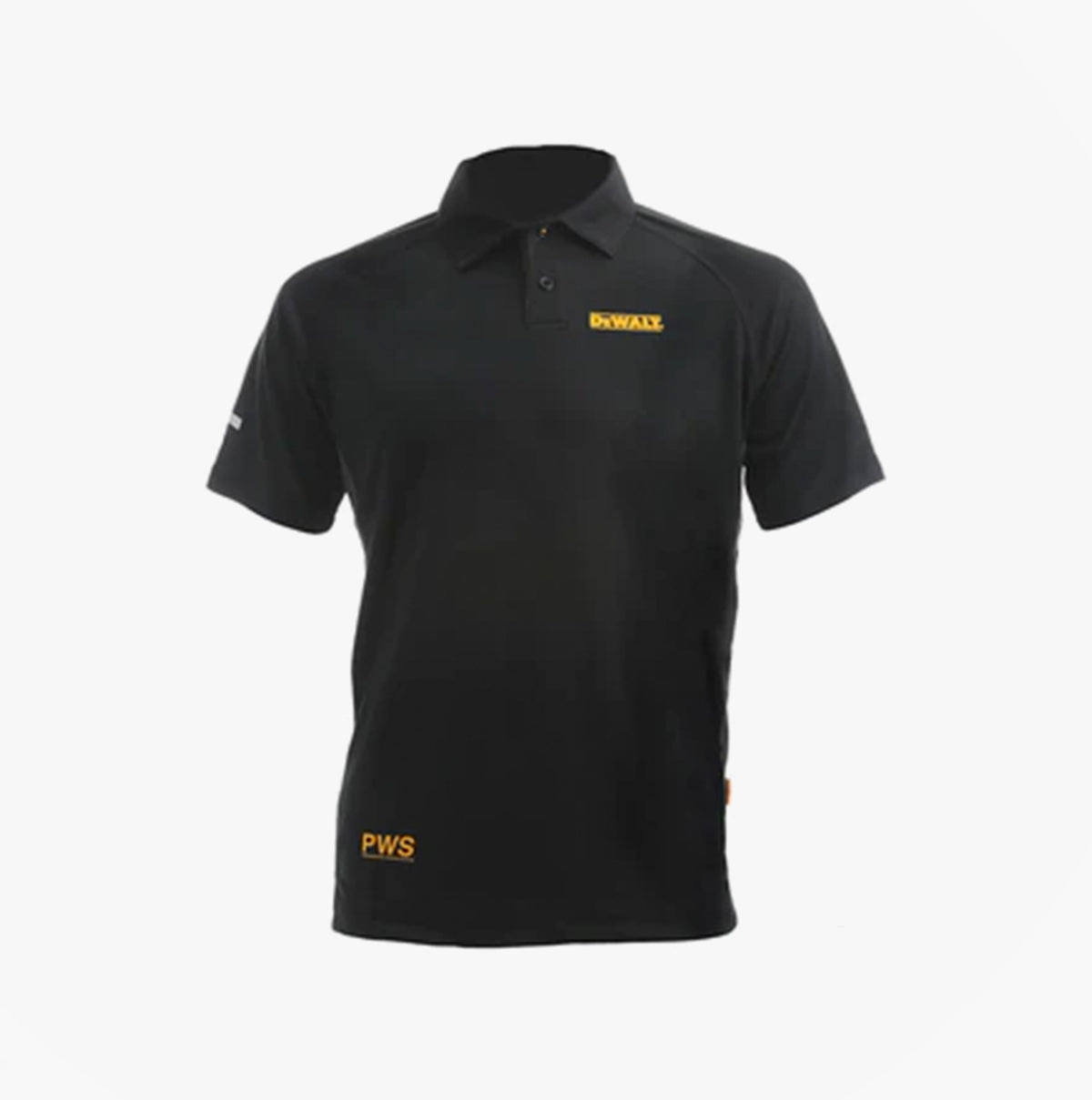 Dewalt RUTLAND Mens Polo Shirt Black front view, showcasing moisture-wicking material and standard collar.