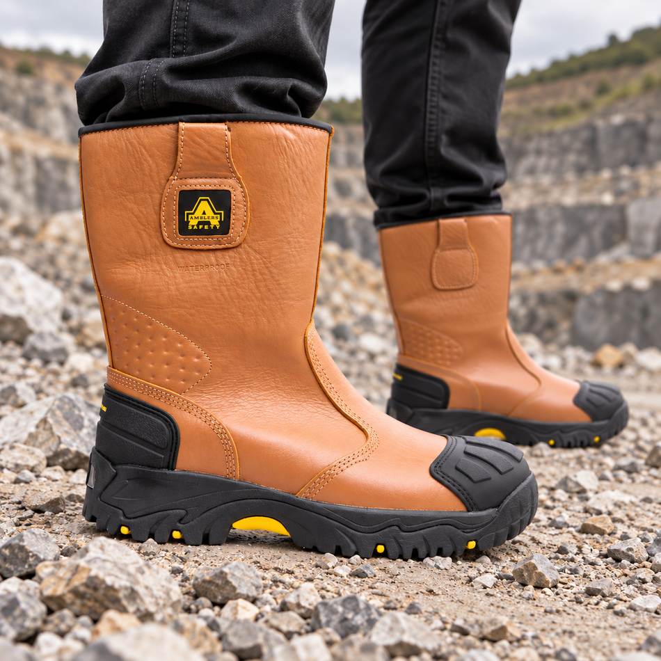 Amblers Safety FS143 tan leather rigger safety boots worn on loose stone in a quarry.