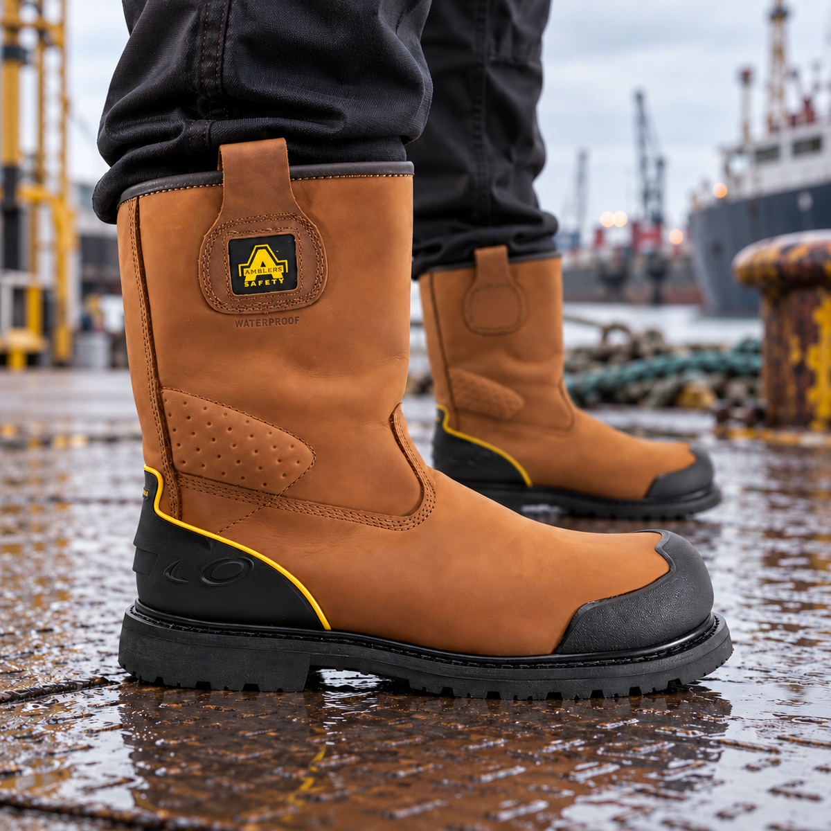Amblers Safety FS223 brown leather rigger safety boots worn on wet decking at a dockside.