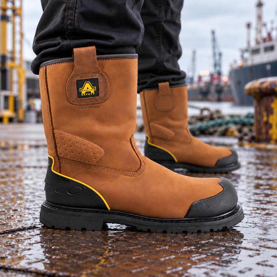 Amblers Safety FS223 brown leather rigger safety boots worn on wet decking at a dockside.