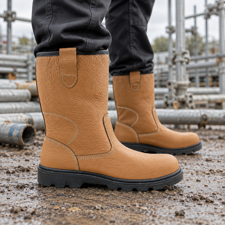 Grafters M020BSM tan rigger safety boots worn in a scaffolding yard with scaffold tubes.