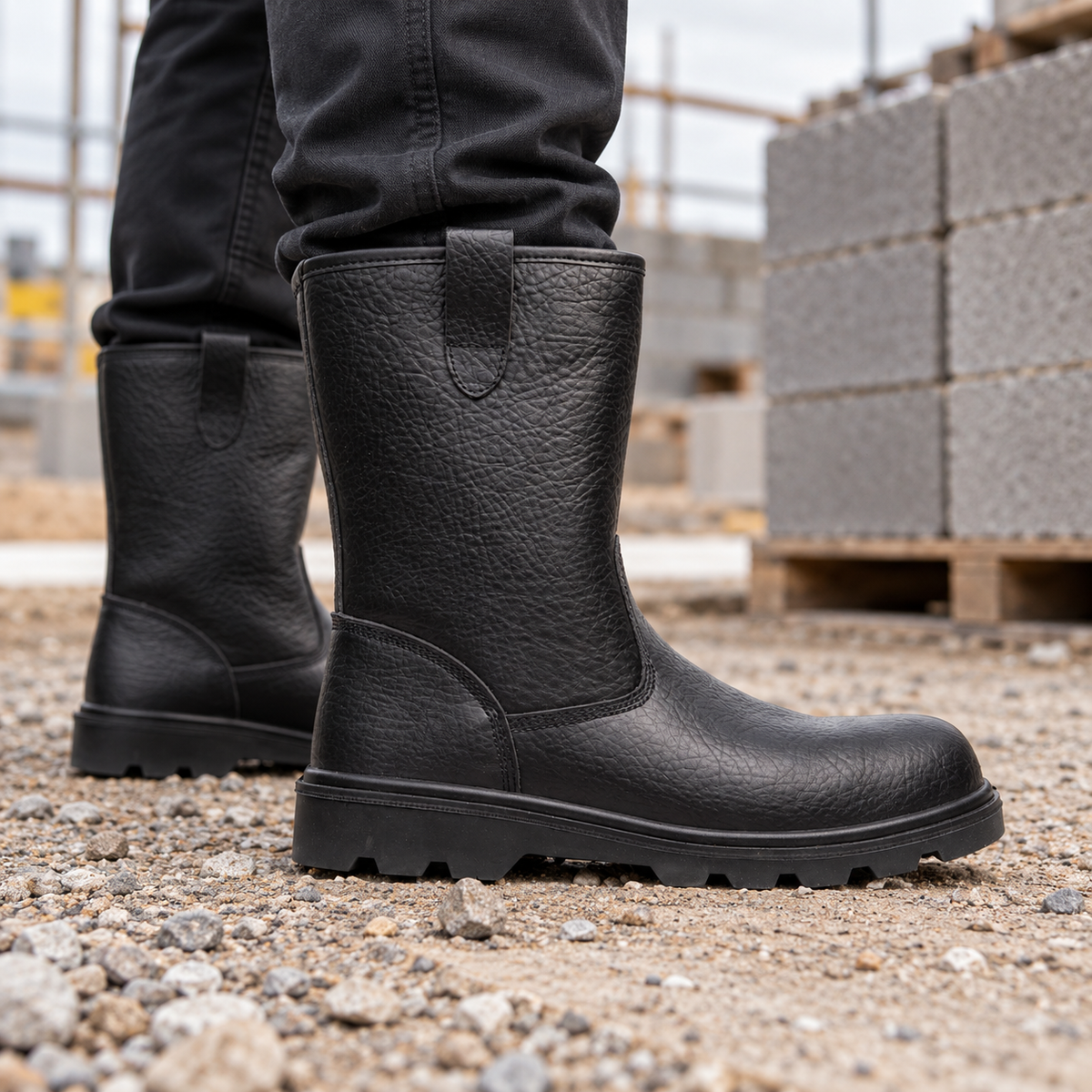 Grafters M021A black leather rigger safety boots worn on a gravel building site with breeze blocks.