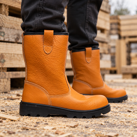 Grafters M021B tan rigger safety boots worn in a timber yard with sawdust and stacked planks.