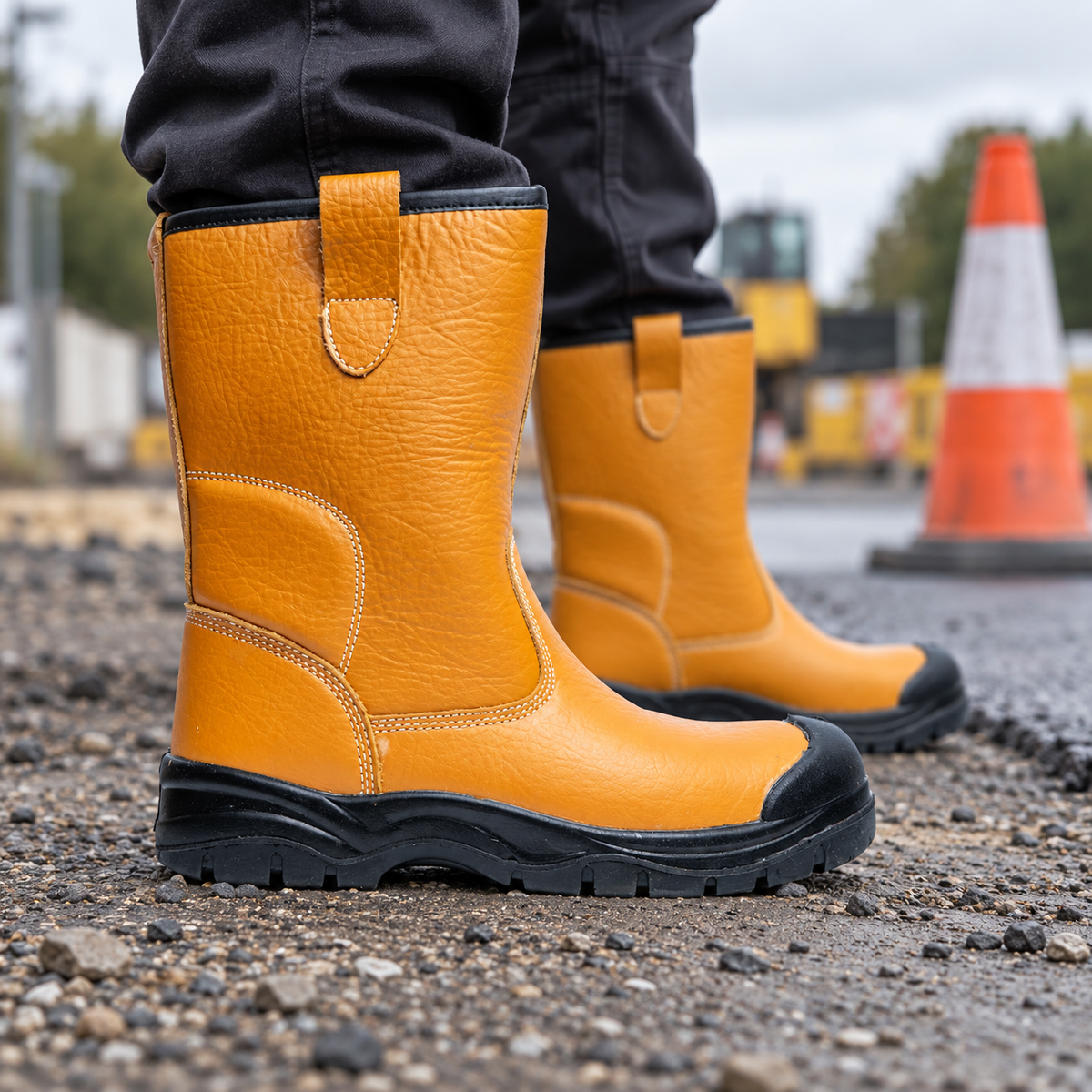Grafters M239BSM tan rigger safety boots worn at roadworks beside a tarmac edge and traffic cone.