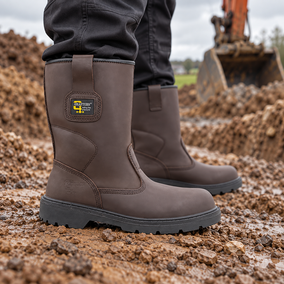 Grafters M560B brown leather rigger safety boots worn beside damp clay and an excavator bucket.