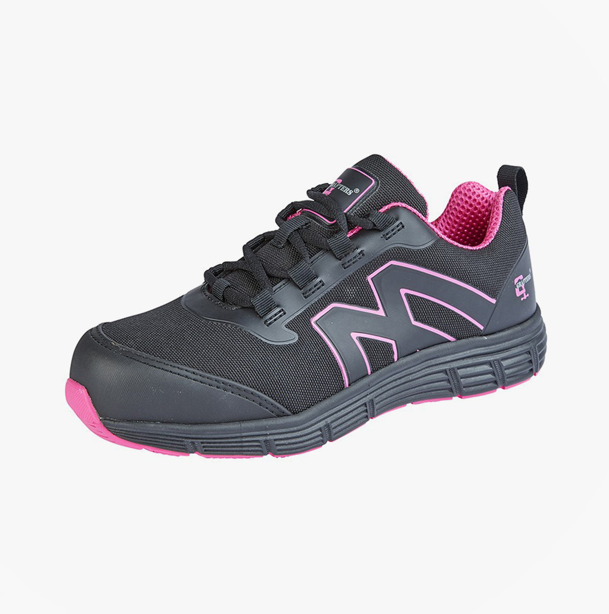Grafters L383A Womens Safety Trainers Black/Hot Pink side view showcasing lightweight textile design and lace-up closure.