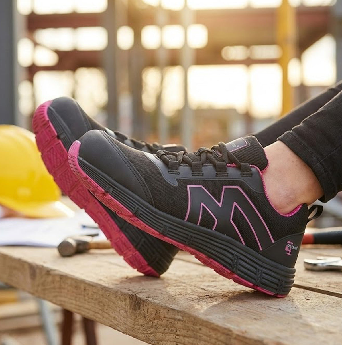 Grafters L383A Womens Safety Trainers Black/Hot Pink side view on wooden surface in a construction setting.