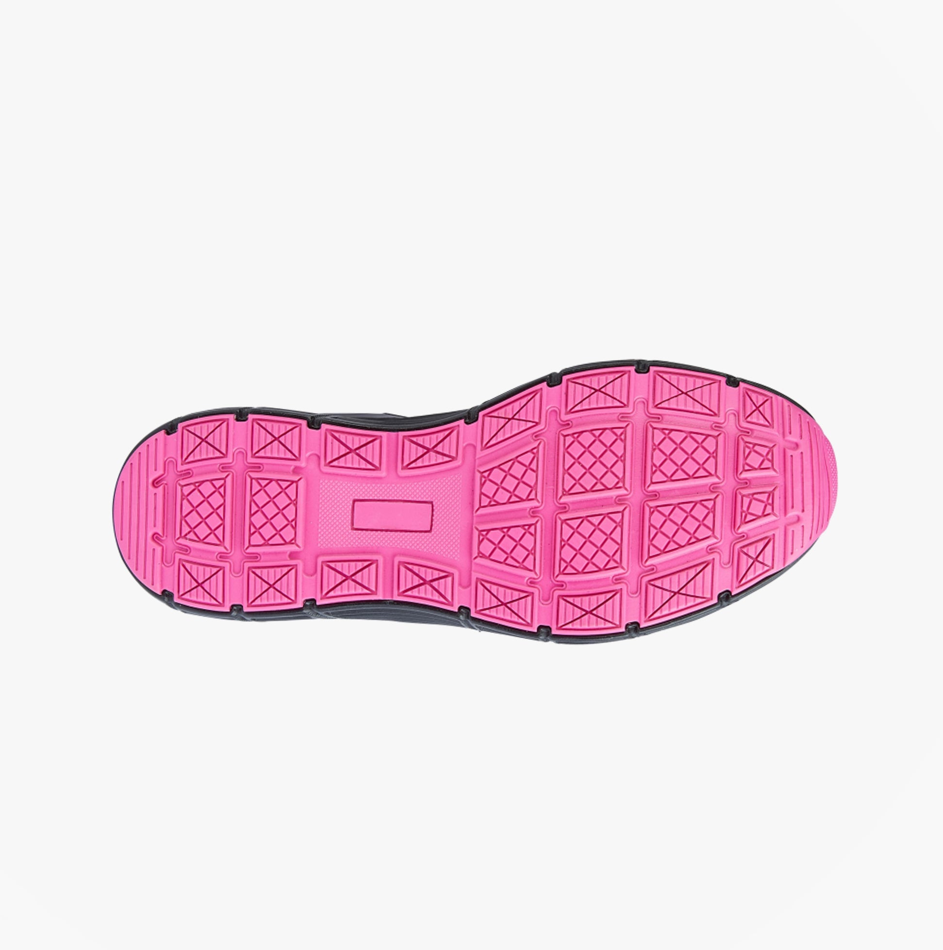 Grafters L383A Womens Safety Trainers Black/Hot Pink bottom view showcasing the pink sole and tread pattern.