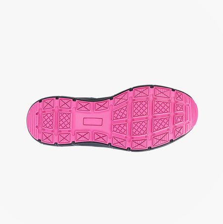 Grafters L383A Womens Safety Trainers Black/Hot Pink bottom view showcasing the pink sole and tread pattern.