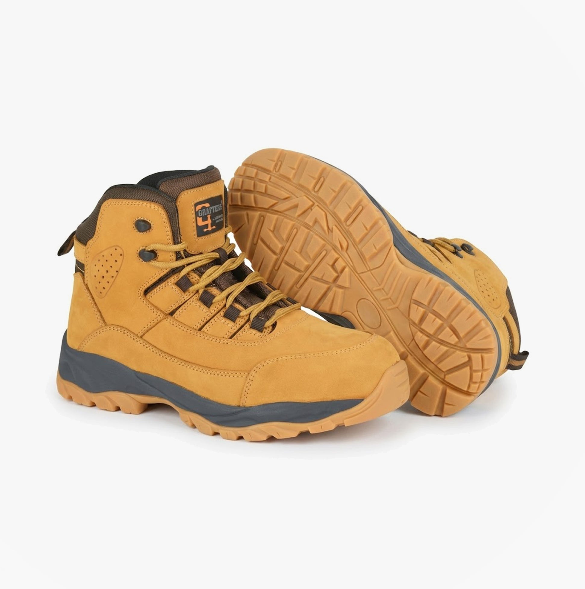 Grafters M331N Mens Safety Boots Honey side view showing nubuck upper and grip soles.