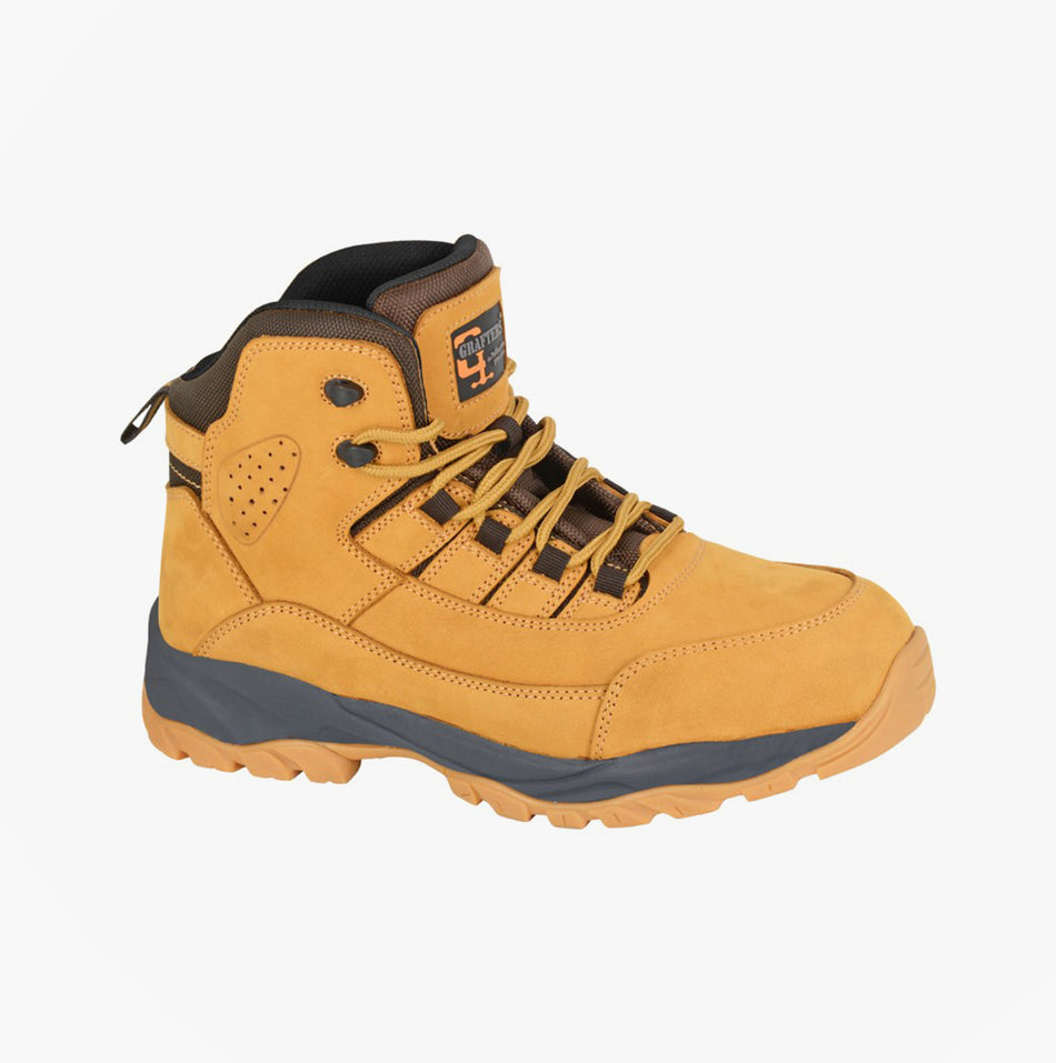 Grafters M331N Mens Safety Boots Honey side view featuring nubuck upper, lace-up closure and grip soles.