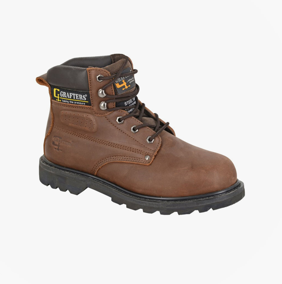 Grafters M538BY Mens Safety Boots Brown side view showing lace-up design and rubber sole for comfort and grip.