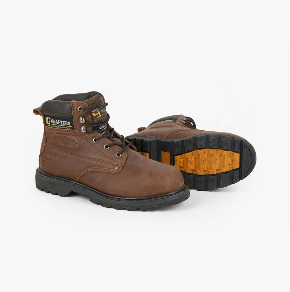 Grafters M538BY Mens Safety Boots Brown side view highlighting nubuck upper and rubber sole.
