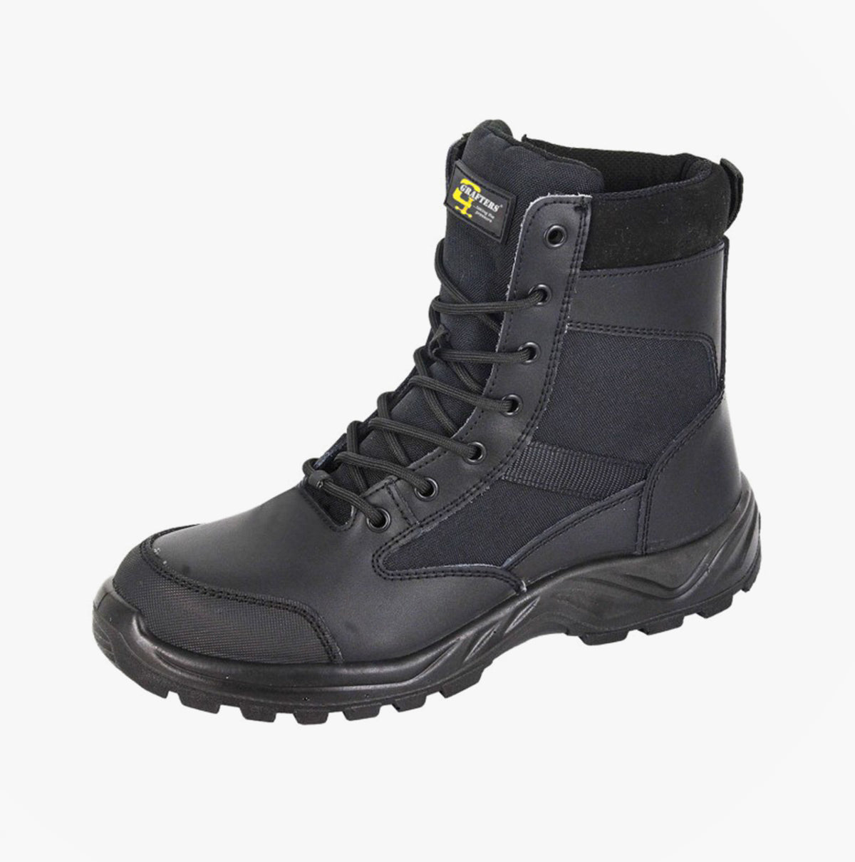 Grafters M752A DMZ6 Mens 6 Inch Safety Boots Black side view featuring lace-up closure and grip sole.