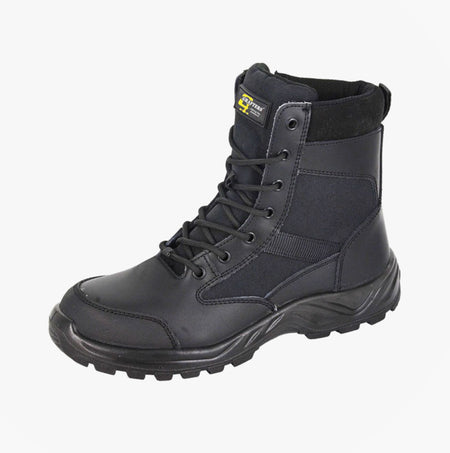 Grafters M752A DMZ6 Mens 6 Inch Safety Boots Black side view featuring lace-up closure and grip sole.