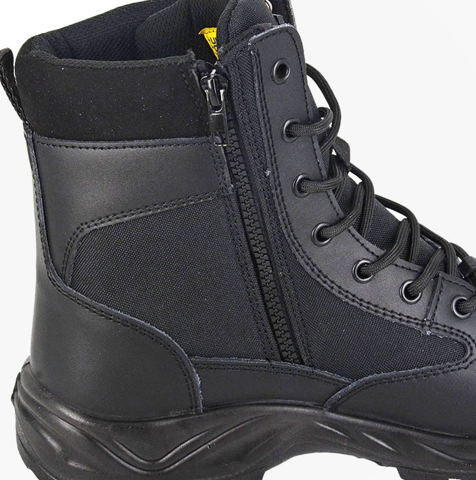 Grafters M752A DMZ6 Mens 6 Inch Safety Boots Black side view showcasing leather and fabric upper with zipper.