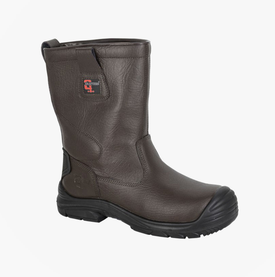 Grafters M922B Mens Safety Boots Brown side view, brown leather rigger boots with round toe and pull-on design.