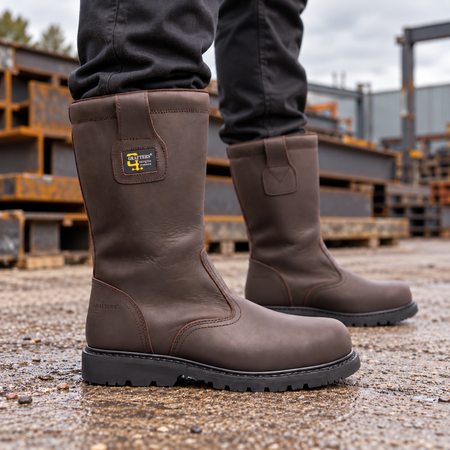 Grafters KNOX M376B oily brown rigger safety boots worn in a steel yard with stacked beams.