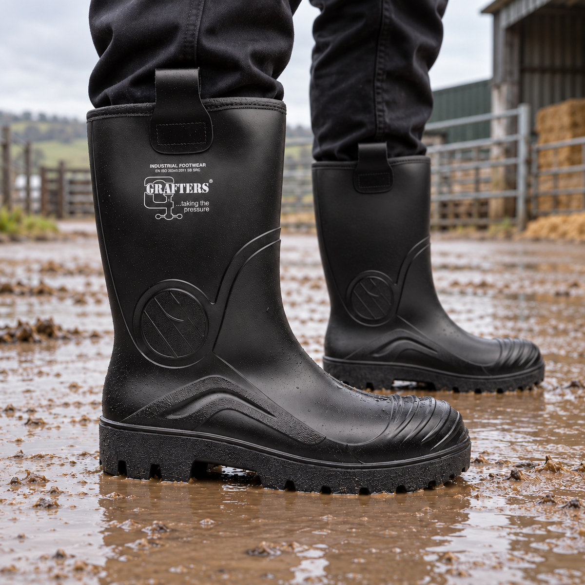 Grafters M928A black safety rigger wellies worn in a shallow puddle in a wet farmyard.