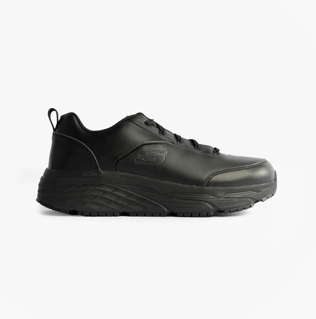 Skechers MAX CUSHIONING ELITE SR-FILCH Mens Workwear Trainers Black side view featuring leather upper and relaxed fit.