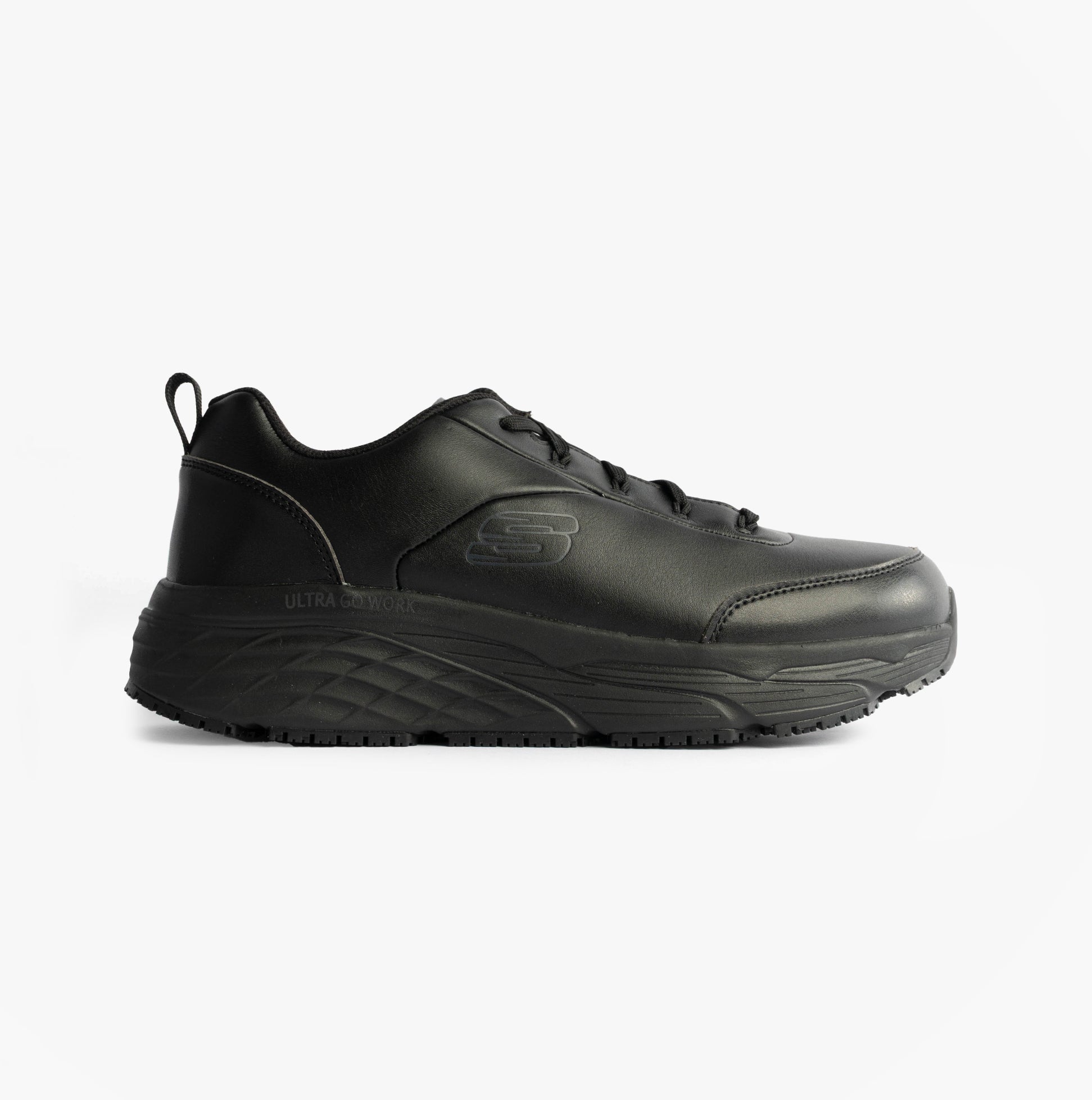 Skechers MAX CUSHIONING ELITE SR-FILCH Mens Workwear Trainers Black side view featuring leather upper and relaxed fit.