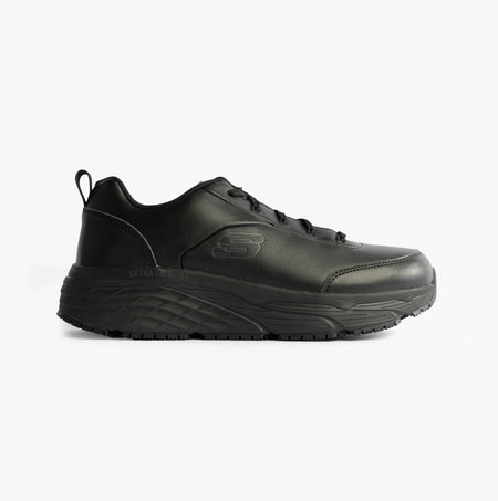 Skechers MAX CUSHIONING ELITE SR-FILCH Mens Workwear Trainers Black side view featuring leather upper and relaxed fit.