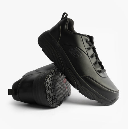 Skechers MAX CUSHIONING ELITE SR-FILCH Mens Workwear Trainers Black side view showcasing lace-up design and slip-resistant sole.
