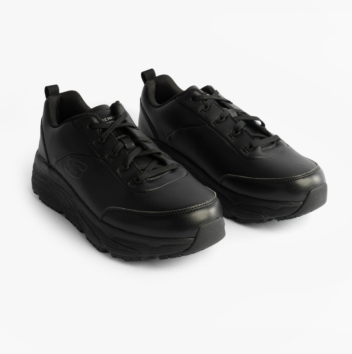 Skechers MAX CUSHIONING ELITE SR-FILCH Mens Workwear Trainers Black side view showcasing the sleek design and lace-up closure.