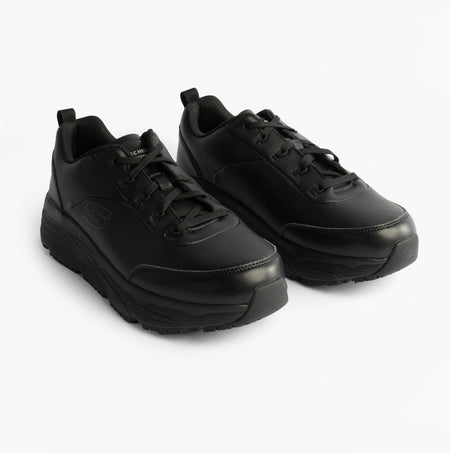 Skechers MAX CUSHIONING ELITE SR-FILCH Mens Workwear Trainers Black side view showcasing the sleek design and lace-up closure.