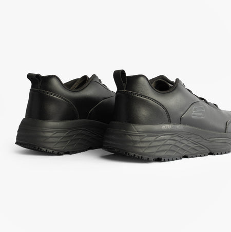 Skechers MAX CUSHIONING ELITE SR-FILCH Mens Workwear Trainers Black rear view showcasing sleek design and comfortable sole.