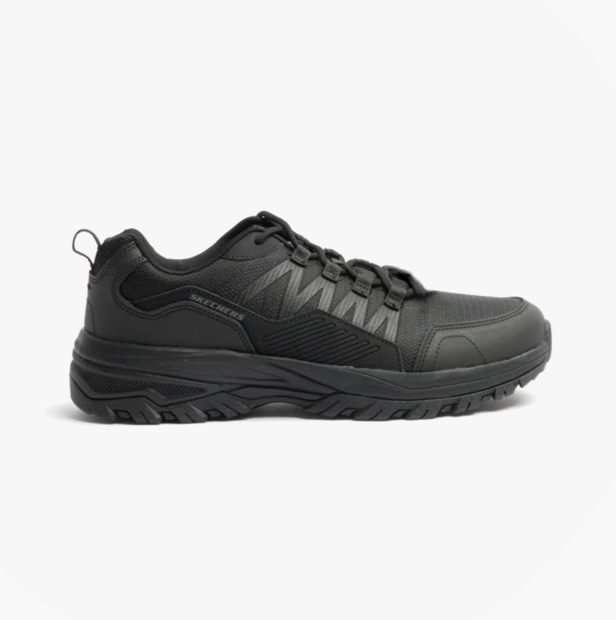 Skechers Work 200000EC FANNTER SR Mens Occupational Trainers Black side view showcasing lace-up design and durability.