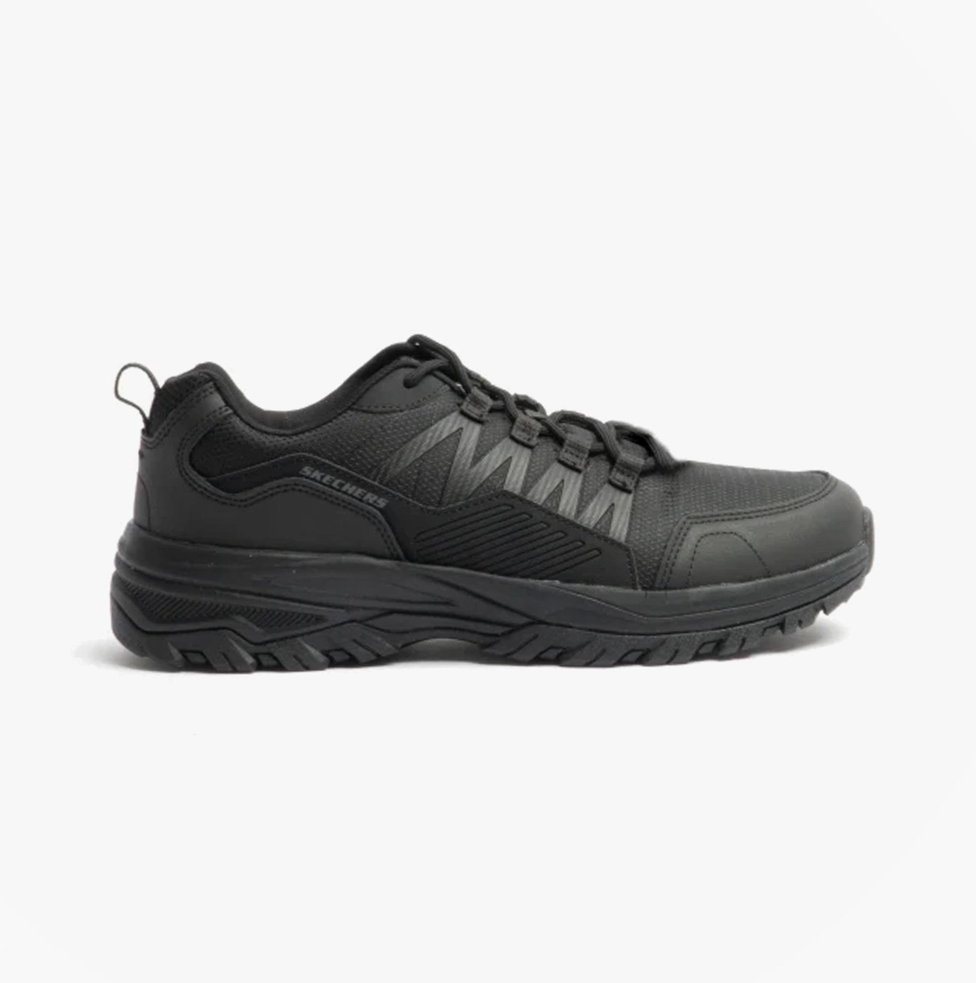 Skechers Work 200000EC FANNTER SR Mens Occupational Trainers Black side view showcasing lace-up design and durability.