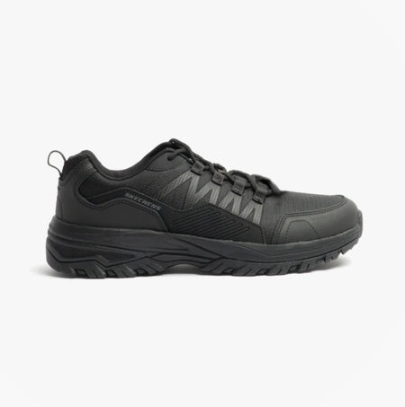Skechers Work 200000EC FANNTER SR Mens Occupational Trainers Black side view showcasing lace-up design and durability.