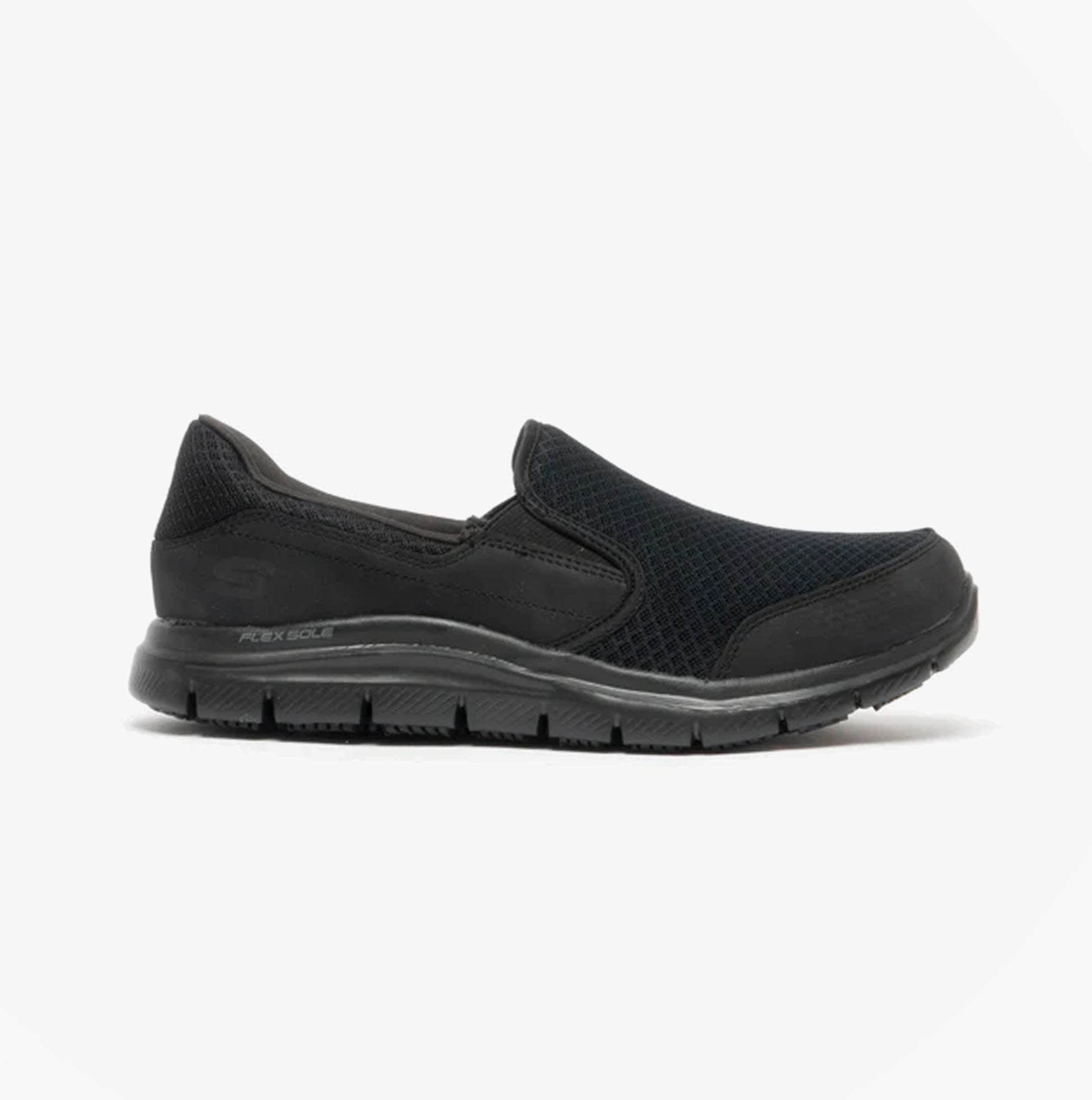 Skechers Work 76580EC COZARD SR Womens Occupational Trainers Black side view showing slip-on design and rubber sole.