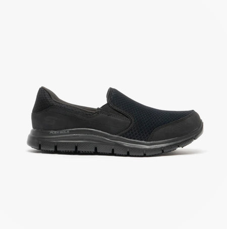 Skechers Work 76580EC COZARD SR Womens Occupational Trainers Black side view showing slip-on design and rubber sole.