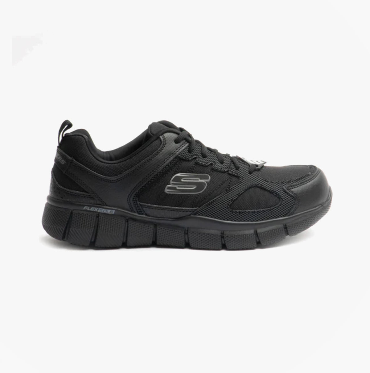 Skechers Work 77152EC TELFIN - SANPHET SR Mens Occupational Trainers Black side view showing lace-up and rubber sole.