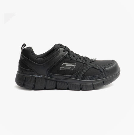 Skechers Work 77152EC TELFIN - SANPHET SR Mens Occupational Trainers Black side view showing lace-up and rubber sole.