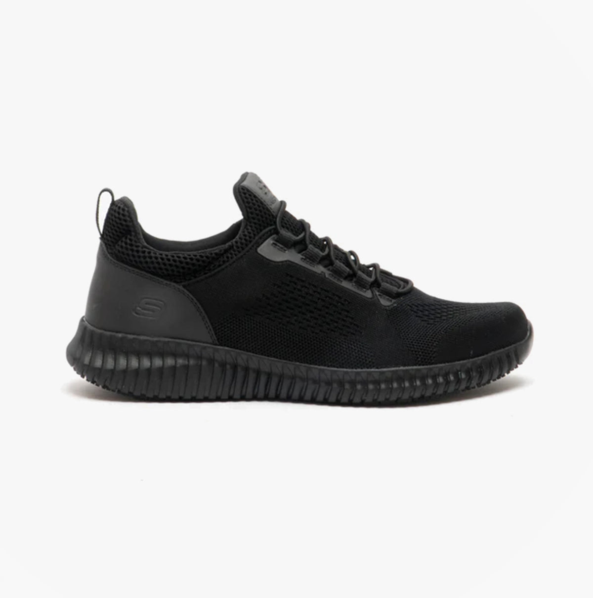 Skechers Work 77188EC CESSNOCK SR Mens Occupational Trainers Black side view with textile upper and rubber sole.