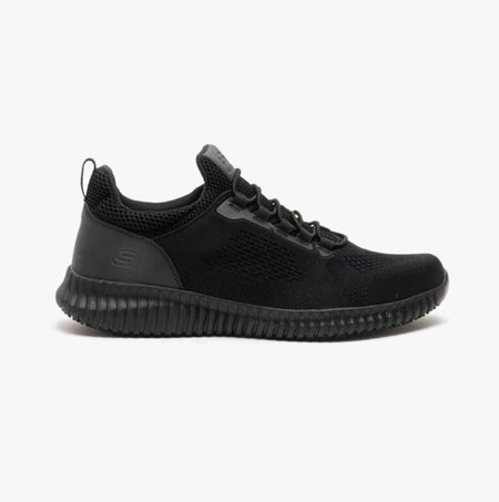 Skechers Work 77188EC CESSNOCK SR Mens Occupational Trainers Black side view with textile upper and rubber sole.