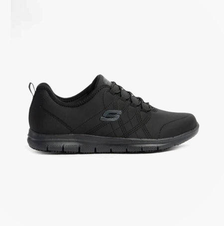 Skechers Work 77211EC GHENTER - SRELT SR Womens Occupational Trainers Black side view showcasing lace-up design and rubber sole.